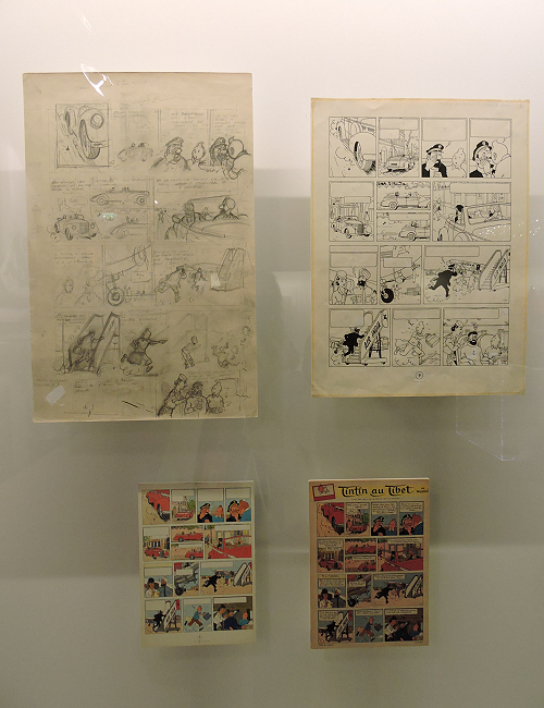 Exposition Hergé - 4 étapes de la création d'une planche de Tintin.