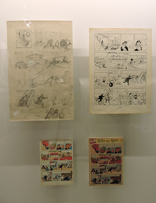 Exposition Hergé - 4 étapes de la création d'une planche de Tintin. Exposition Hergé - 4 étapes de la création d'une planche de Tintin.