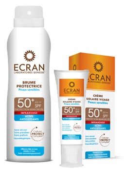 Crème solaire et brume protectrice ECRAN des Laboratoires Genesse.