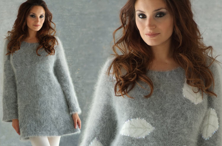 Modèle expliqué gratuit : robe tunique unie ou à motifs au point jersey à tricoter en laine Angora © Anny Blatt.