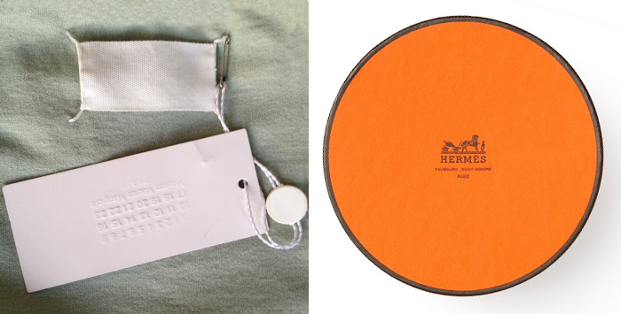 Etiquette Maison Martin Margiela et boîte Hermès © D.R. Etiquette Maison Martin Margiela et boîte Hermès © D.R.
