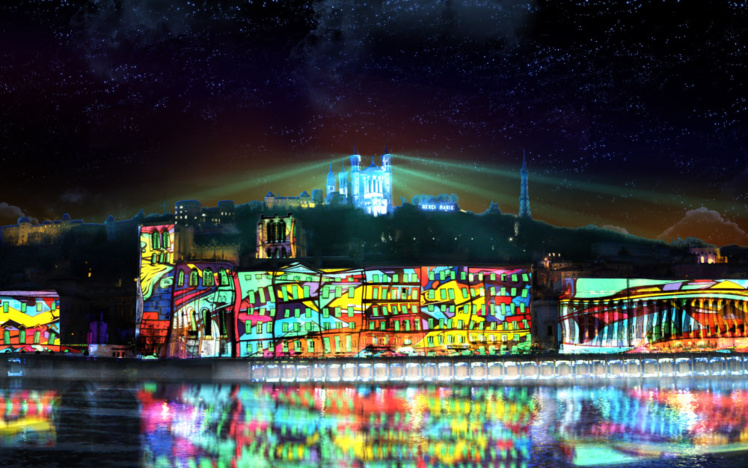 Reflets sur la colline de Fourvière © Fête des Lumières : visuel 2018 © Ville de Lyon.