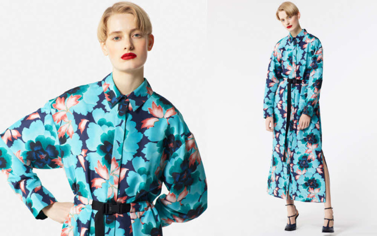 Robe chemise en soie - Création KENZO automne-hiver 2018/19.L'actrice Anne Hathaway habillée de soie haute couture par la Maison Givenchy (Janvier 2019). Robe chemise en soie - Création KENZO automne-hiver 2018/19.L'actrice Anne Hathaway habillée de soie haute couture par la Maison Givenchy (Janvier 2019).