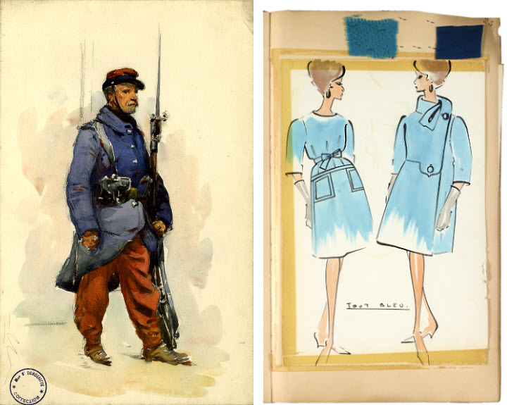 Aquarelle de Raymond Dendeville, Soldat de la Première Guerre mondiale, vers 1914 et choix de drap de laine avec croquis. Fabrique des Savoirs à Elbeuf.