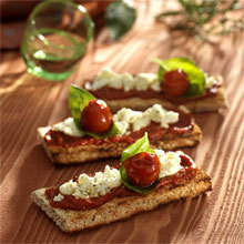 Recette snacking : bruschetta à la verdurine et au caillé de brebis Recette snacking : bruschetta à la verdurine et au caillé de brebis