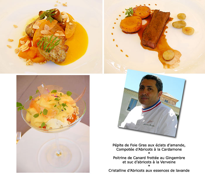 Menu aux abricots par le Chef étoilé Jérôme Nutile dans son restaurant, 351 chemin du Bas du Mas de Boudan à Nîmes. Menu aux abricots par le Chef étoilé Jérôme Nutile dans son restaurant, 351 chemin du Bas du Mas de Boudan à Nîmes.