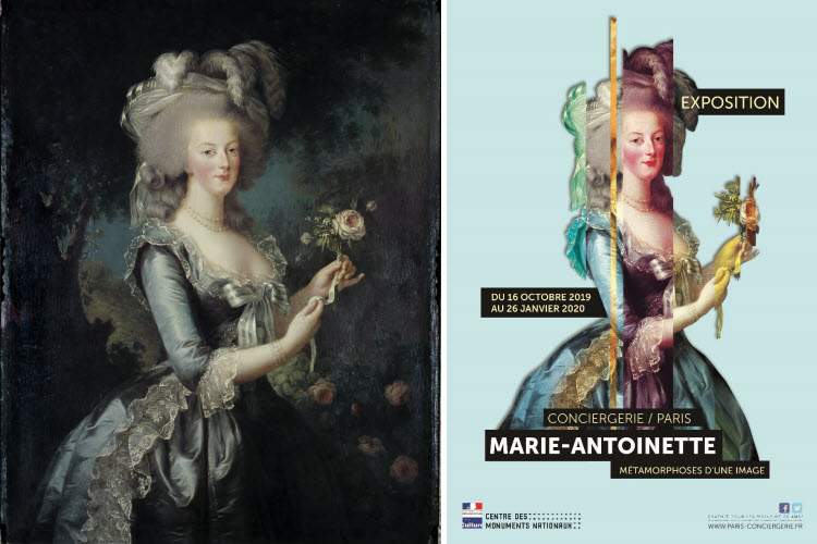 Marie-Antoinette à la Rose, Élisabeth-Louise Vigée-Lebrun, 1783 © Jean Feuillie -CMN2 et affiche de l'exposition. © P. Berthé ou P. Cadet / Centre des monuments nationaux - Photo de presse.