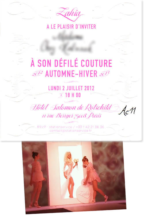 Carton d'invitation au défilé lingerie couture de Zahia