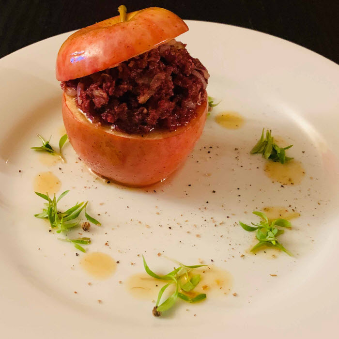 Recette de pommes farcies au boudin, réduction de cidre doux du Chef Olivier Barbarin Château d'Audrieu