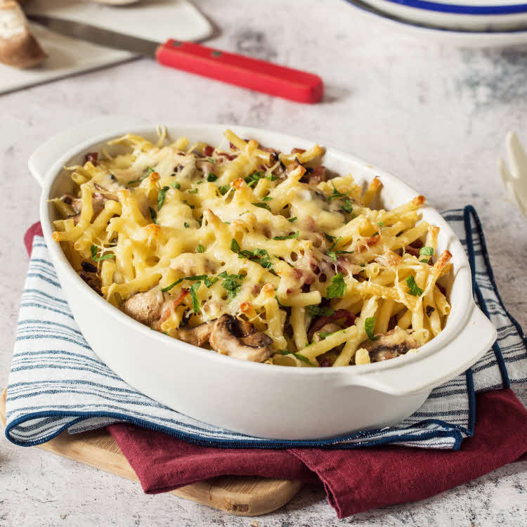 Gratin de macaroni aux champignons et lardons