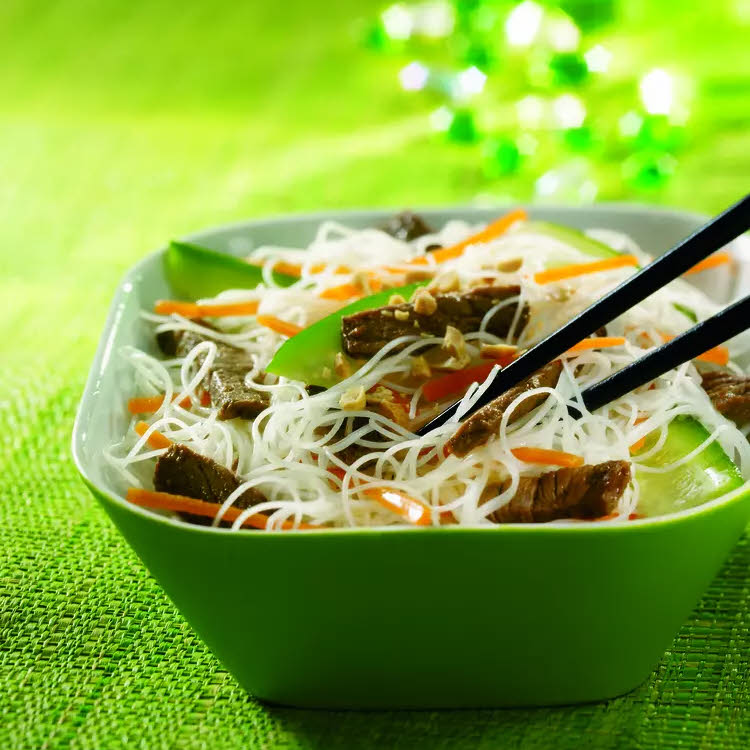 Spécial cuisine asiatique : bò bùn boeuf vermicelles, carottes, concombre, soja