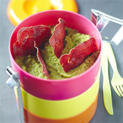 Recette pour lunch box de Yannick Alléno : Purée de pois, viande des grisons Recette pour lunch box de Yannick Alléno : Purée de pois, viande des grisons