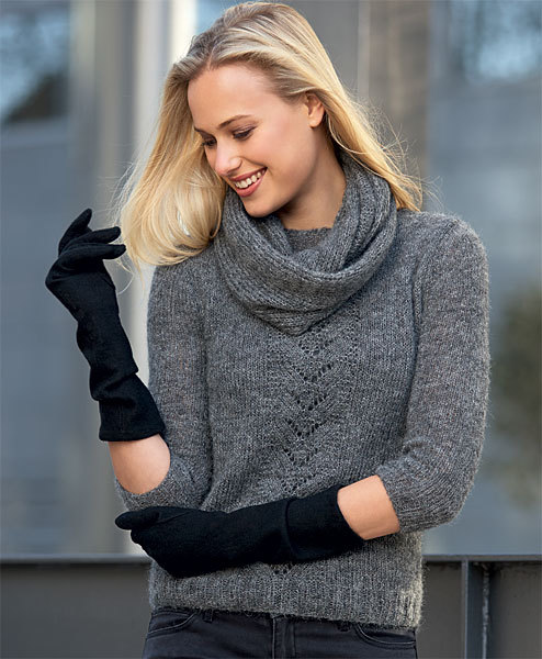 Modèle gratuit : Pull jersey et point ajouré et snood assorti à tricoter