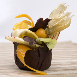 Coques de chocolat aux fruits de décembre, pommespommes, raisins et physalis