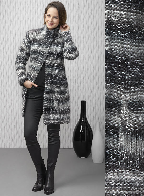 Modèle gratuit : manteau en maille XL  à tricoter au point mousse et point jersey.