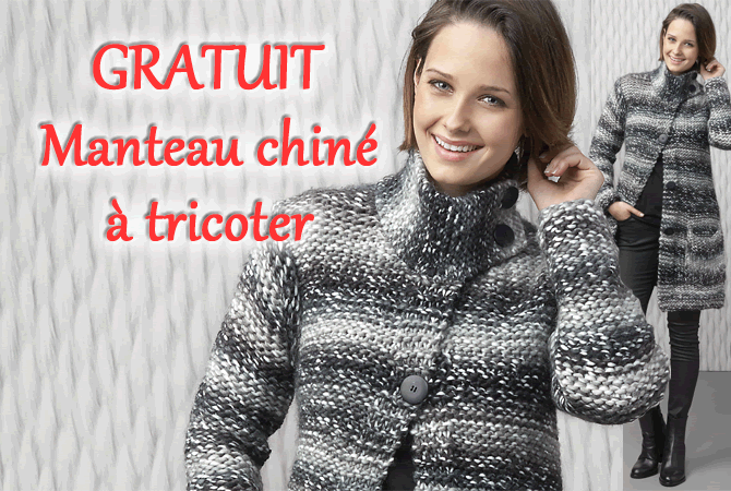 TRICOT GRATUIT : manteau chiné point mousse et jersey : explications gratuites à télécharger © Katia.