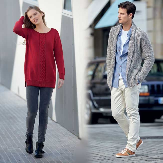 Modèles expliqués gratuits : Pull féminin à bande torsadée et veste d'homme à tricoter Modèles expliqués gratuits : Pull féminin à bande torsadée et veste d'homme à tricoter