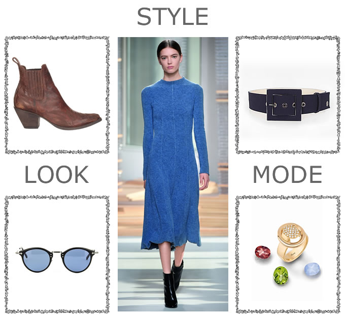 4 variations autour d'un look BOSS Women : boots MEXICANA, ceinture HÔTEL PARTICULIER, lunettes MASUNAGA, bague POIRAY