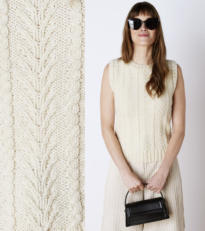 Modèle expliqué : pull sans manches à torsades et au point blé.