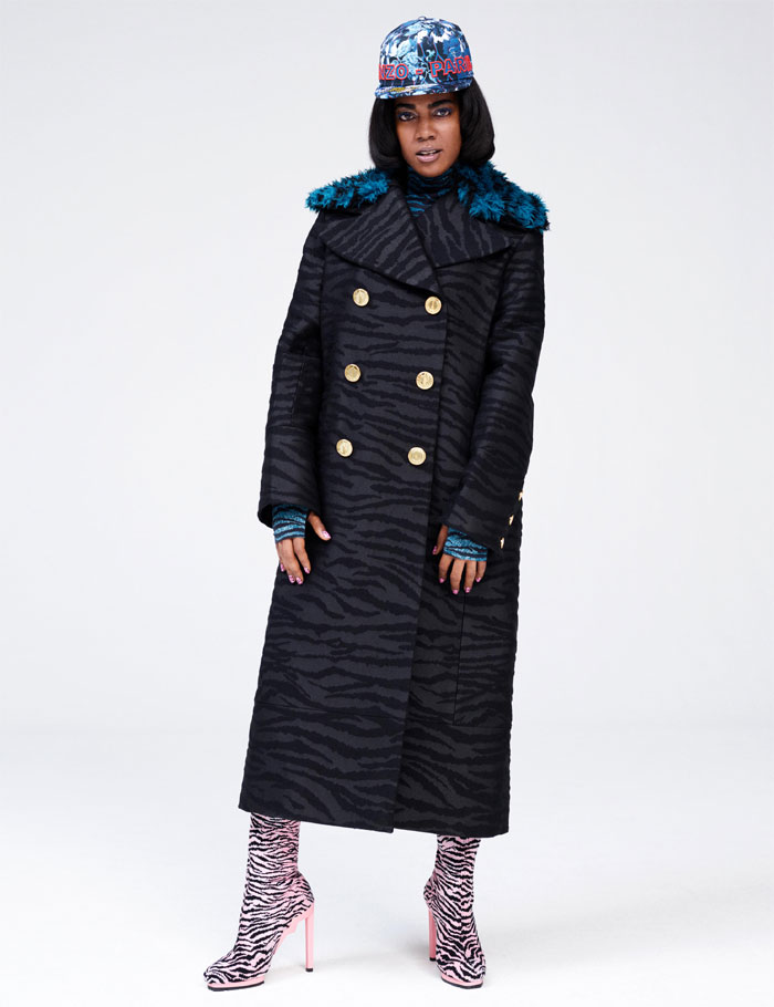 Look de la collection Kenzo x H&M : manteau à col fourure.