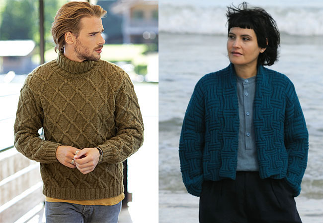 Modèles expliqués gratuits : veste marine pour elle et pull col roulé pour lui à tricoter
