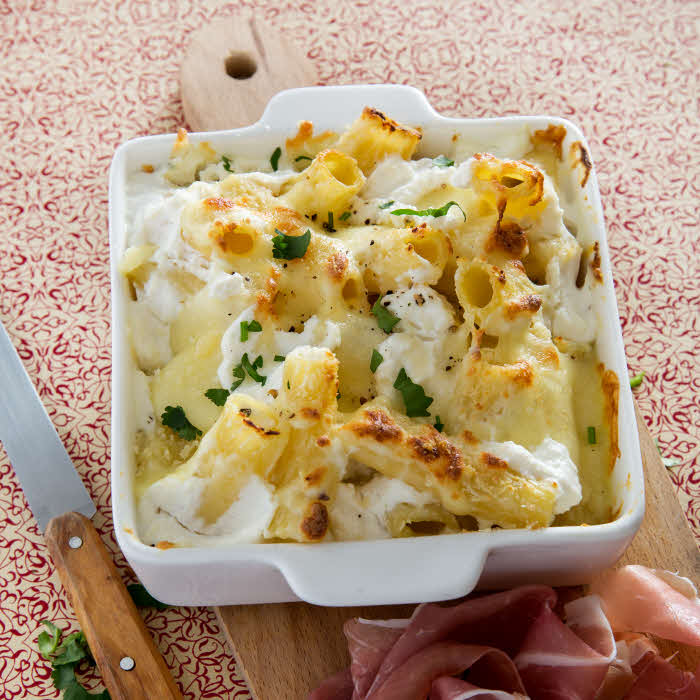 Recette all'italiana : Rigatoni al formaggio e parma (gratin de pâtes aux 4 fromages).