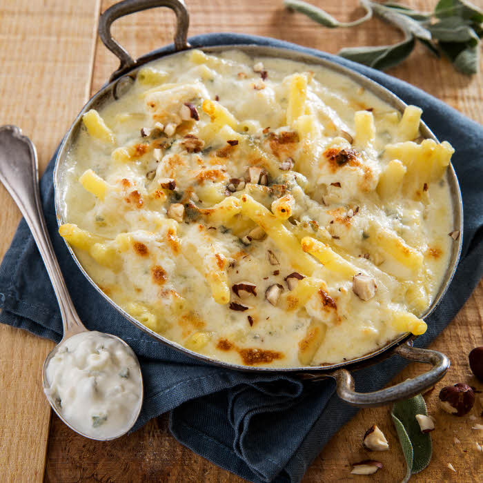 Recette all'italiana : Macaroni gratinés (gratin de pâtes) au Gorgonzola et au Mascarpone.