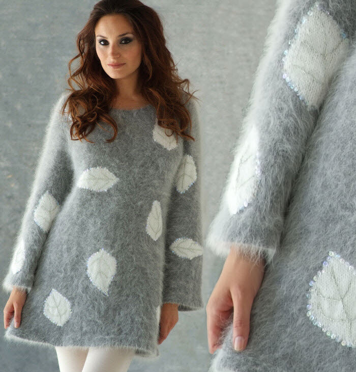 Tricot gratuit expliqué : Pull tunique en angora au point jersey à motifs à tricoter © Création Anny Blatt.