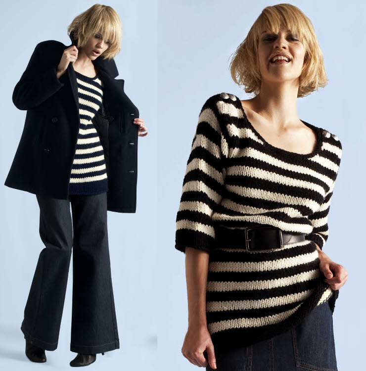 Modèle gratuit : pull féminin à rayures marine à tricoter © Phildar.