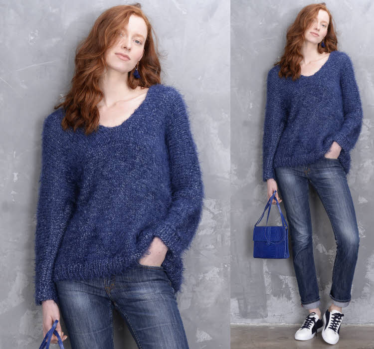 Modèle gratuit : pull col V à tricoter au point jersey © PLASSARD. Modèle gratuit : pull col V à tricoter au point jersey © PLASSARD.