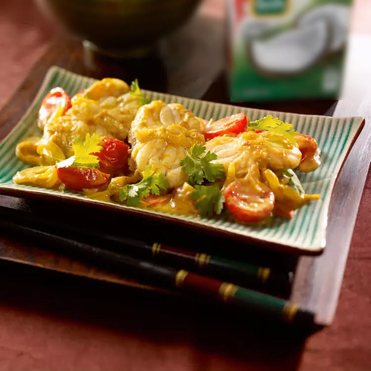 Spécial Chine : curry de lotte, tomates cerise et lait de coco. Spécial Chine : curry de lotte, tomates cerise et lait de coco.