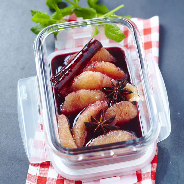 Zoom recette pour lunch box de Yannick Alléno : Pamplemousse et sirop au vin rouge