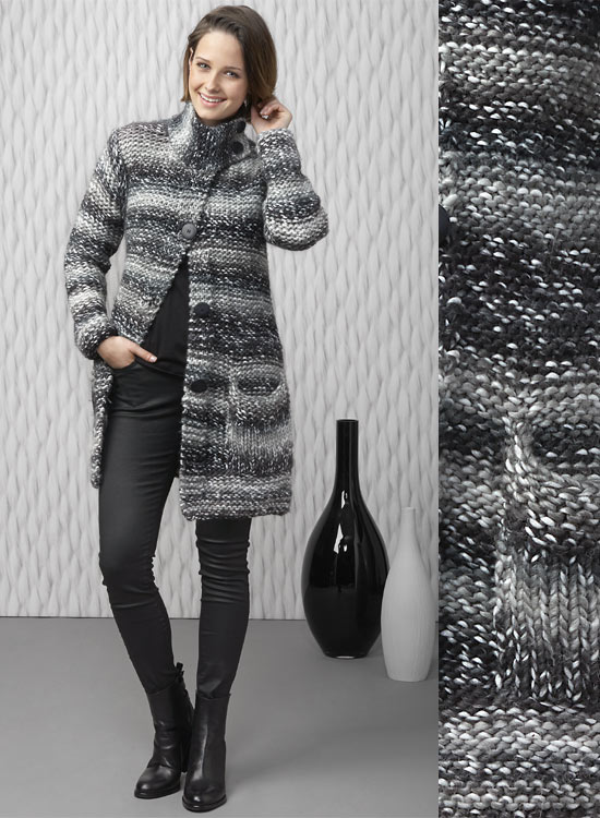 Modèle gratuit : manteau en maille XL  à tricoter au point mousse et point jersey.