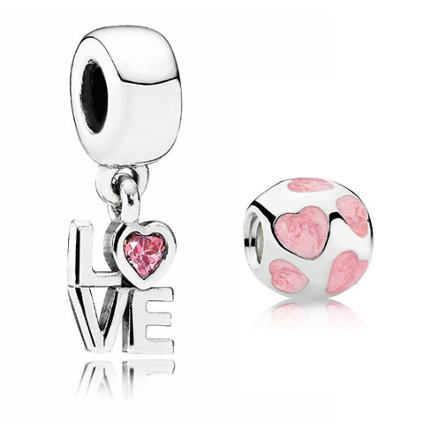 Pendentif 'Love' rose et charm 'Cœurs' Pandora