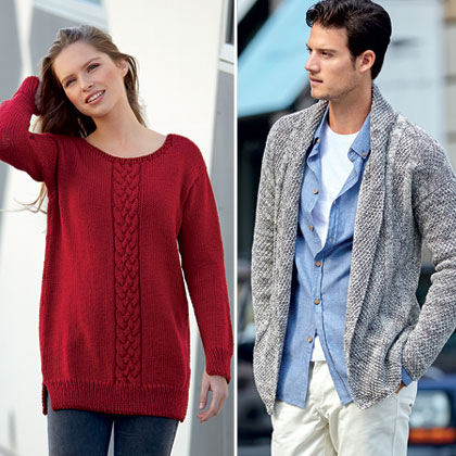 Modèles expliqués gratuits : Pull rubis pour elle et veste col châle pour lui à tricoter