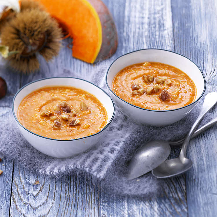 Velouté potiron & châtaignes à la semoule et au tapioca