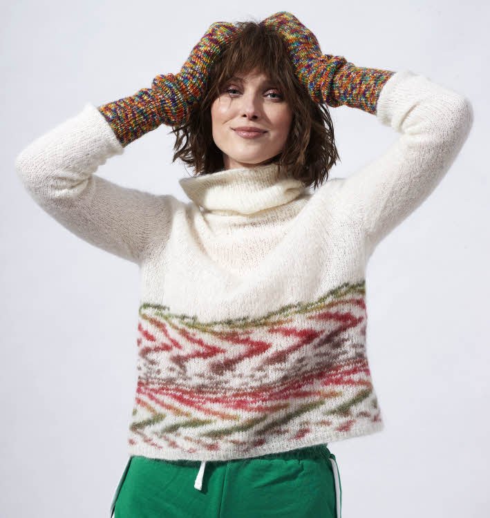 Modèle expliqué : pull col roulé sans coutures, avec fil jacquard.