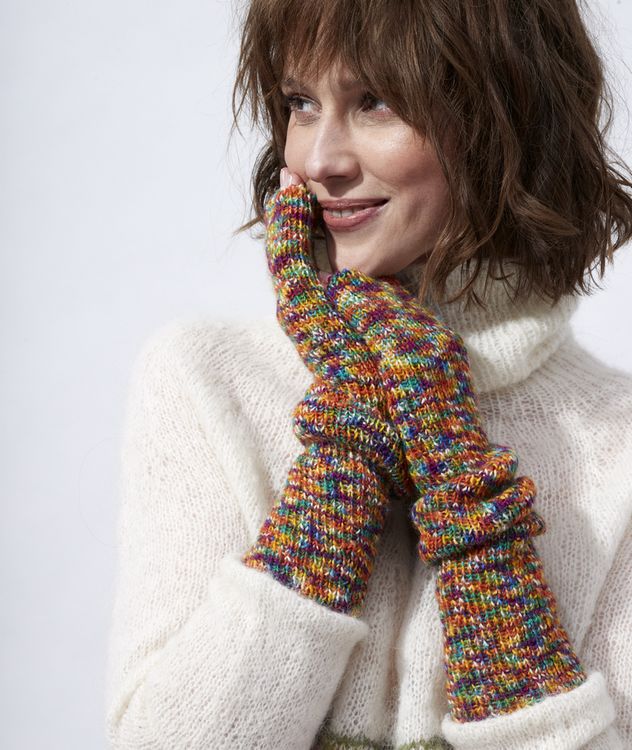 Modèle expliqué : mitaines multicolore à tricoter.