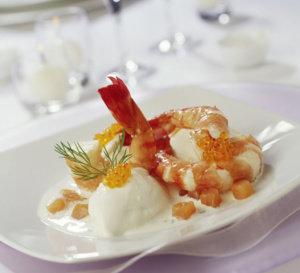 Menu express : gambas aux dés de saumon fumé et sorbet a l'aneth