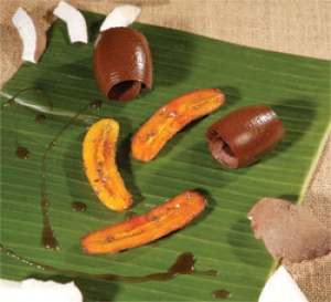 recette de Christian Bidard : Crémeux coco cacao et mini bananes flambées