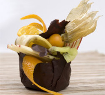 coques de chocolat aux fruits de décembre, pommes, raisins et physalis