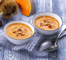 Velouté potiron &amp; châtaignes à la semoule et au tapioca